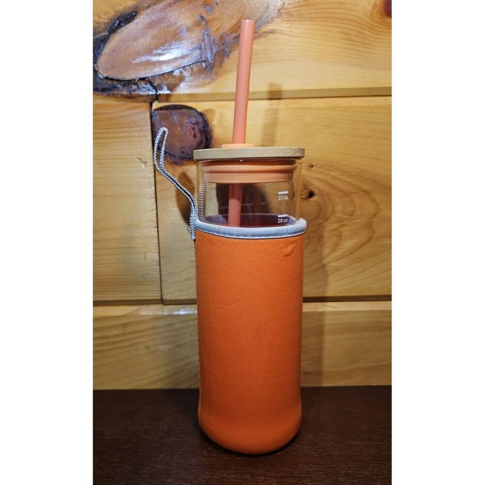 Opalhouse Glass Tumbler Orange Trim Gray with Bamboo lid and silicone sleeve